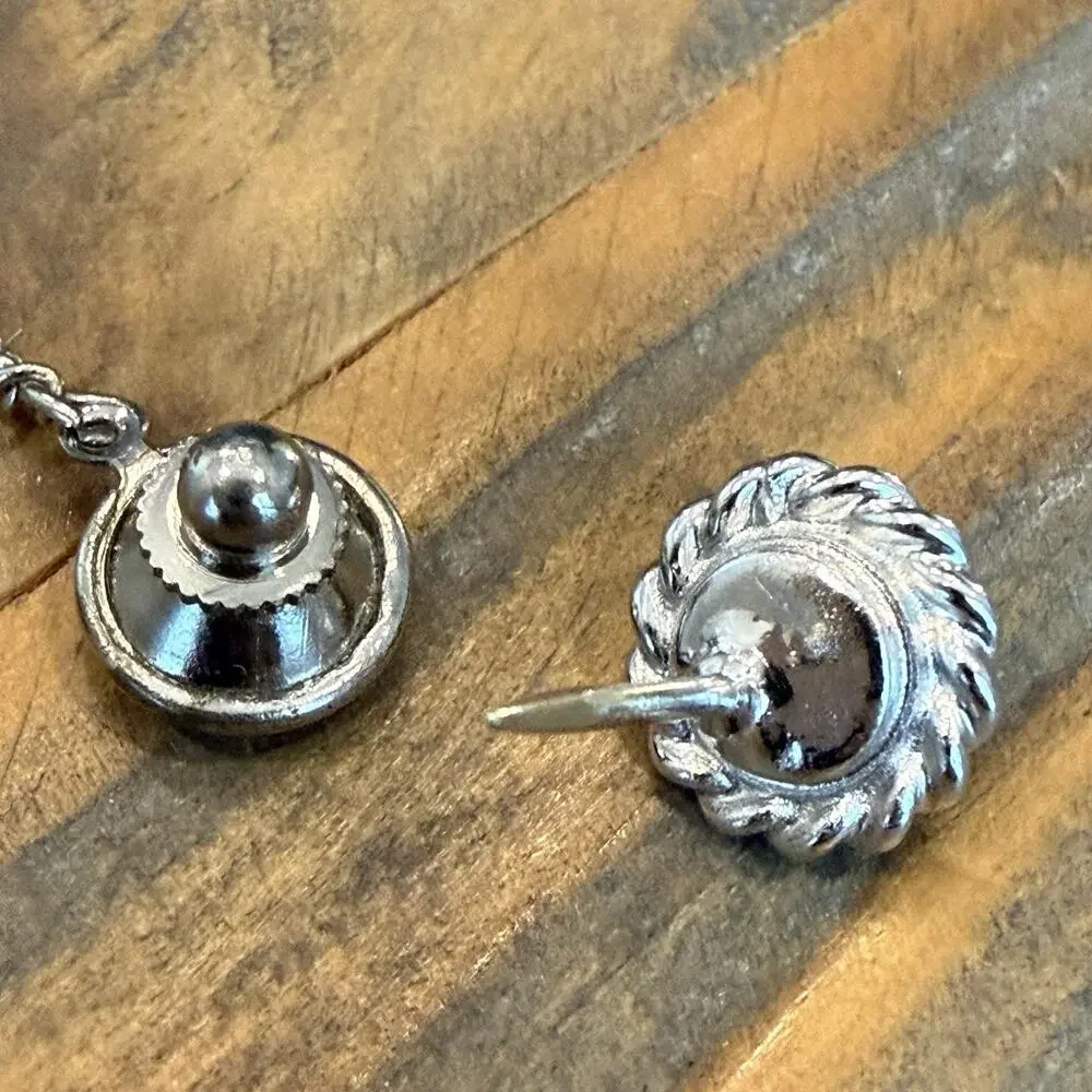 Vintage Silver Tone Faux Hematite Bullet Tie Tack with Chain and T-Bar Pin